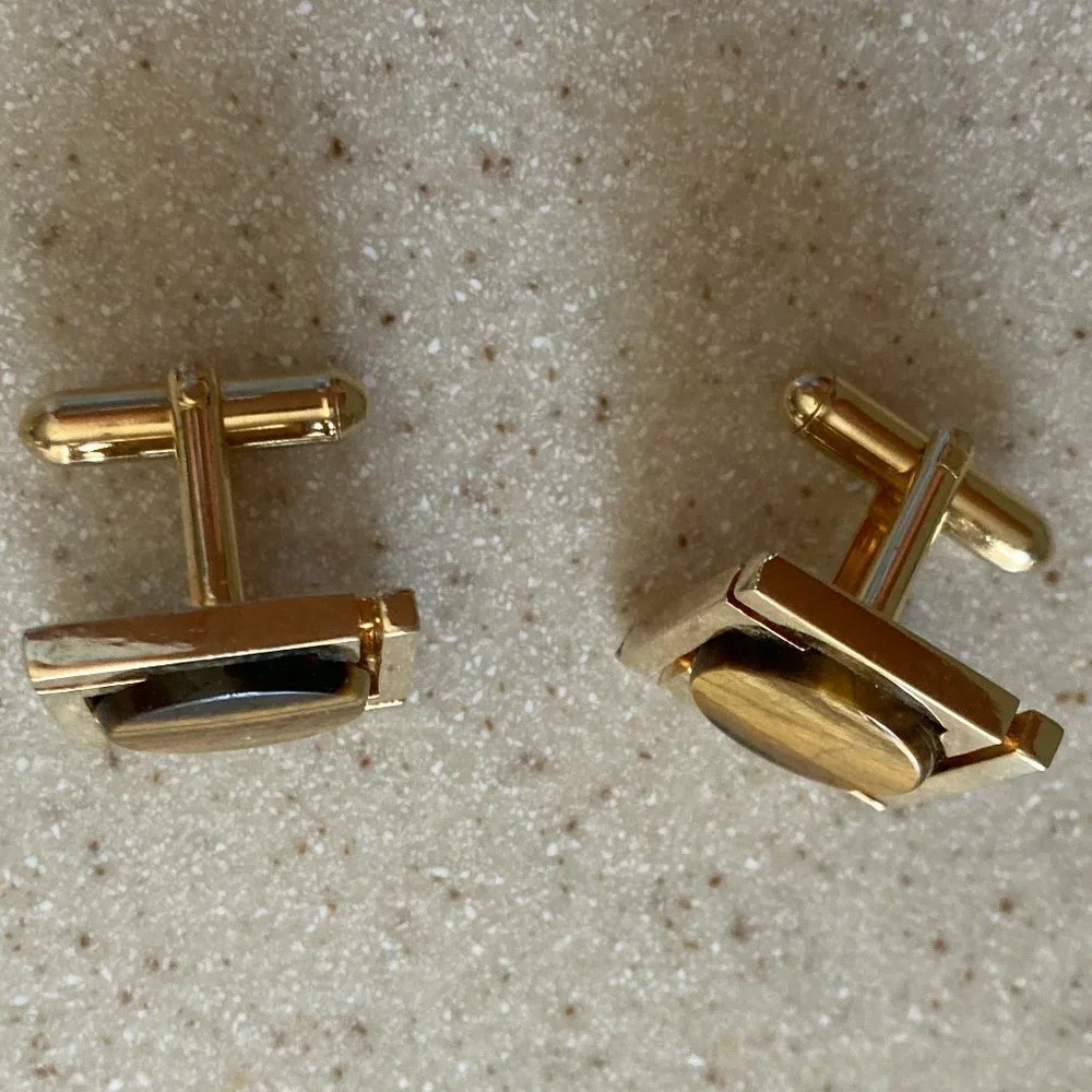 Cuff Links Gold Tone Tiger Eye Vintage